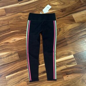 Fabletics Black Leggings with Pink and Green Stripes